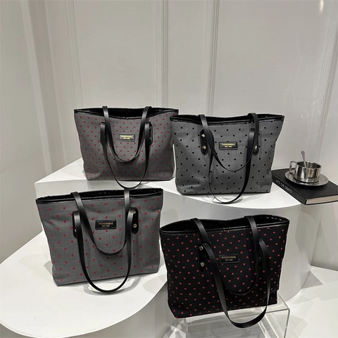Canvas Einkaufstasche Mit Großer Kapazität Damen Herz Punkt Muster Schultertasche Casual Mode Stoff Lederriemen Reißverschluss