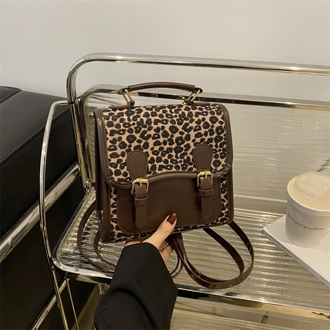 Women Leopard Print Shoulder Bag Mini Backpack PU Leather Retro Fashion Crossbody Handbag Flap Buckle Small Square Bag