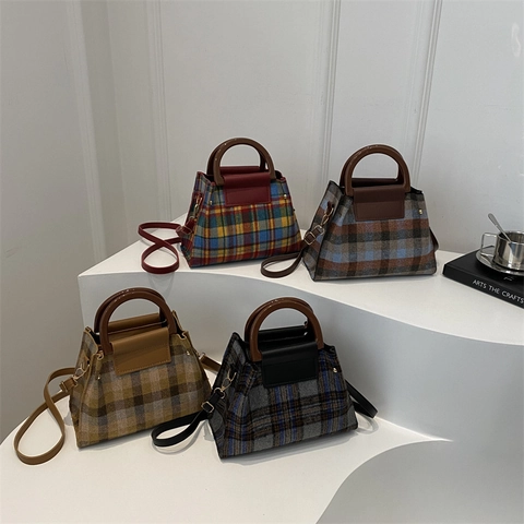 Bolso De Mano Vintage A Cuadros Bolso Bandolera Cuadrado Pequeño Asa De Madera Lana Cuero PU Color Contraste Para Mujer