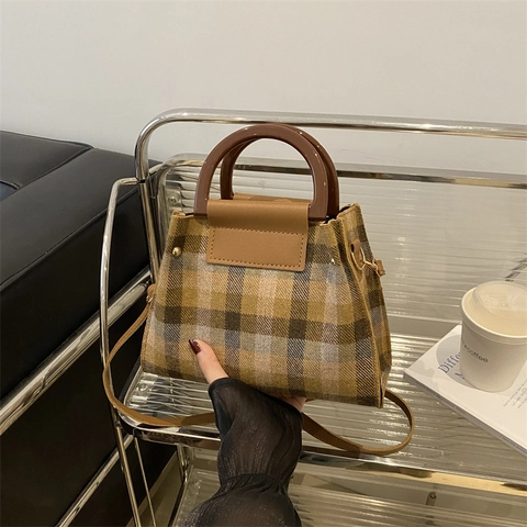 Plaid Tweed Fabric Handbag With Resin Handle Contrast Color Shoulder Crossbody Bag Women Retro Style
