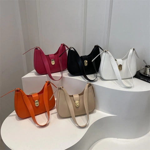 French Vintage Hobo Underarm Shoulder Bag PU Leather Half Moon Solid Color With Golden Metal Twist Lock For Women