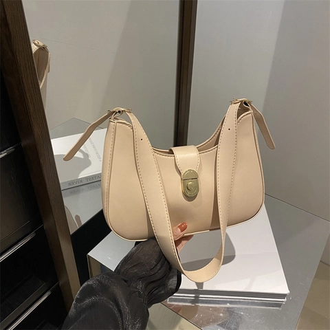 French Vintage Hobo Underarm Shoulder Bag PU Leather Half Moon Solid Color With Golden Metal Twist Lock For Women