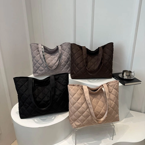 Borsa Tote Trapuntata Di Grande Capacità Con Motivo A Rombi In Nylon Borsa A Spalla Da Donna Casual Shopping