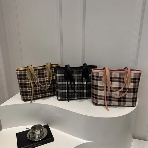 Borsa Tote Vintage A Quadri Grande Capacità Finiture In Pelle PU Borsa A Spalla Per Donna Stile Britannico Retro Chiusura Lampo