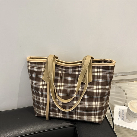 Borsa Tote Vintage A Quadri Grande Capacità Finiture In Pelle PU Borsa A Spalla Per Donna Stile Britannico Retro Chiusura Lampo