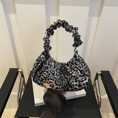 Fashion Leopard Print Ruched Underarm Bag For Women PU Leather Cloud Handbag With Scrunchie Handle Retro Small Square Bag