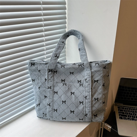 Dames Gewatteerd Strik Bedrukt Tote Bag Grote Capaciteit Canvas Schoudertas Casual Trendy Koreaanse Stijl Handtas Voor Dagelijks Gebruik
