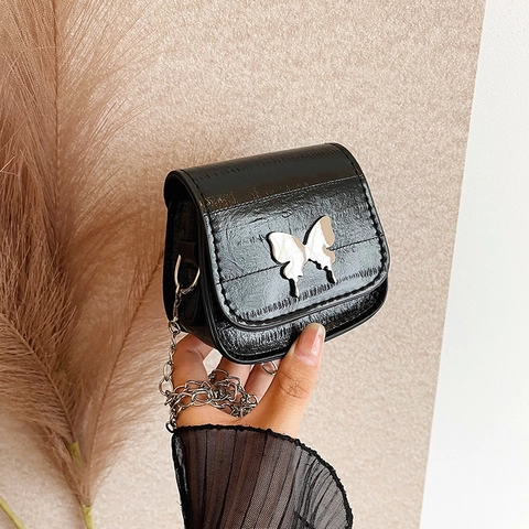 Mini Crossbody Bag PU Leather Metal Butterfly Decor Chain Shoulder Strap Fashion Square Handbag For Women