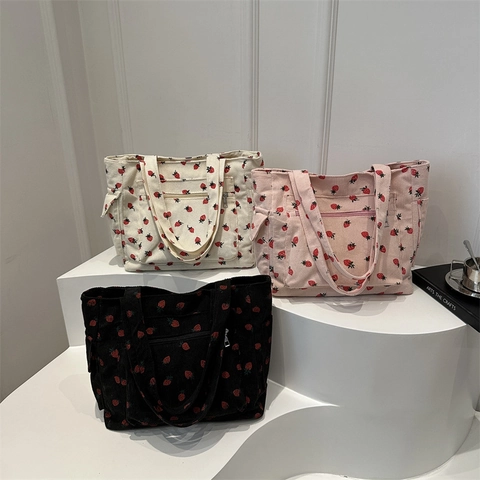 Borsa Tote In Velluto A Coste Stampa Fragola Grande Capacità Carina Borsa A Spalla Con Tasche Zip Casual Per Donna