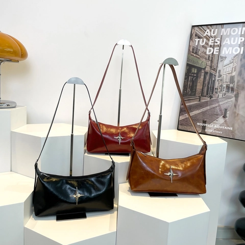 Retro Ster Decor Okseltas Glanzend PU Leer Schoudertas Y2K Street Style Kleine Vierkante Handtas
