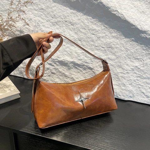 Retro Ster Decor Okseltas Glanzend PU Leer Schoudertas Y2K Street Style Kleine Vierkante Handtas