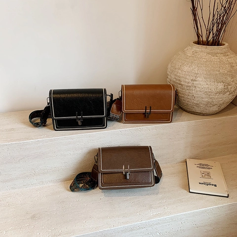 Damen Retro PU Leder Umhängetasche Vintage Niet Square Schultertasche Mit Ethno Breitem Gurt