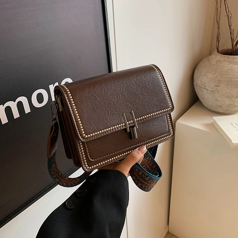 Damen Retro PU Leder Umhängetasche Vintage Niet Square Schultertasche Mit Ethno Breitem Gurt