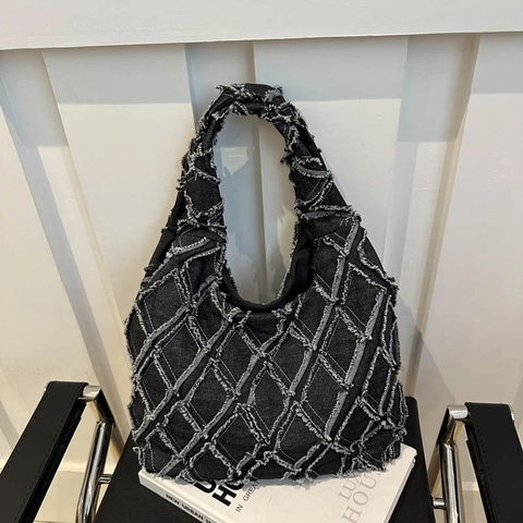 Sac Fourre Tout Femme Denim Toile Bords Effilochés Grande Capacité Sac Main Épaule Style Rue Vintage Matelassé