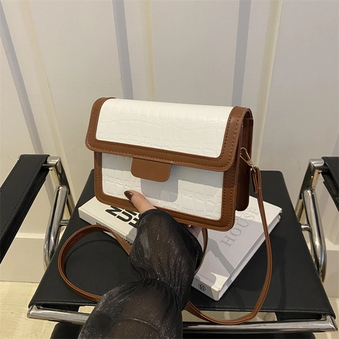 Women Crossbody Bag PU Leather Crocodile Pattern Small Square Shoulder Bag Vintage Flap Adjustable Strap