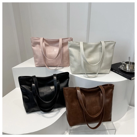 Borsa Tote Grande Capacità da Donna in Pelle PU Casual Pendolare Borsa a Spalla Con Design Patchwork Geometrico