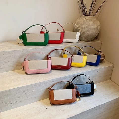 Borsa A Spalla Da Donna Colore A Contrasto Patchwork Pelle PU E Tela Borsa Baguette Con Tracolla Larga Regolabile Retrò