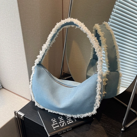 Hobo Achsel Schultertasche Denim Spleißen Kunstlammwolle Besatz Halbmond Form Lässig Mode Damen