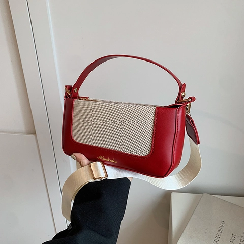 Borsa A Spalla Da Donna Colore A Contrasto Patchwork Pelle PU E Tela Borsa Baguette Con Tracolla Larga Regolabile Retrò