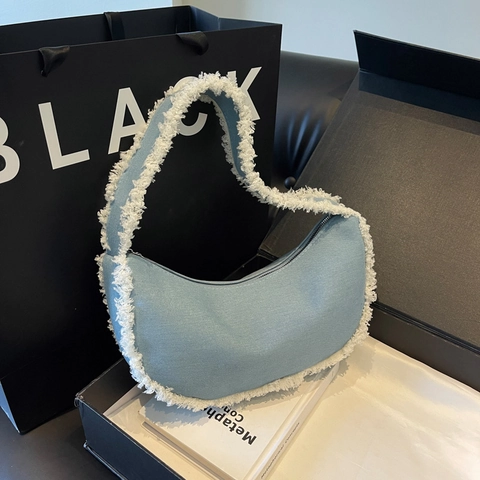 Hobo Achsel Schultertasche Denim Spleißen Kunstlammwolle Besatz Halbmond Form Lässig Mode Damen