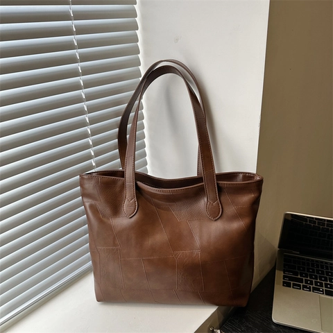 Large Capacity Tote Bag For Women PU Leather Geometric Patchwork Shoulder Bag Solid Color Commuter Handbag