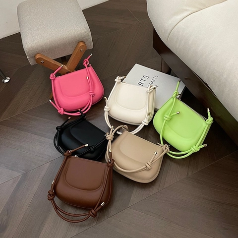 Women PU Leather Knotted Handle Hobo Bag Fashion Half Moon Shoulder Underarm Purse Trendy Saddle Bag Gold Hardware