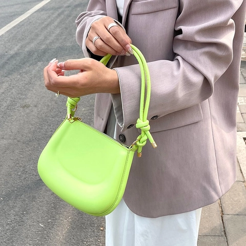 Women PU Leather Knotted Handle Hobo Bag Fashion Half Moon Shoulder Underarm Purse Trendy Saddle Bag Gold Hardware