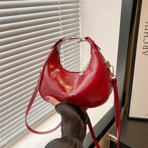 Vintage PU Leather Crescent Shoulder Bag For Women French Style Solid Color Half Moon Hobo Bag Handbag With Adjustable Strap