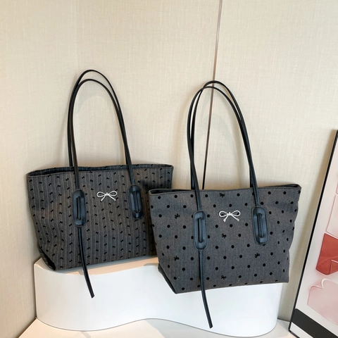 Große Tragetasche Für Damen Stoff Handtasche Mit Schleife Und Punkten Schultertasche Chic