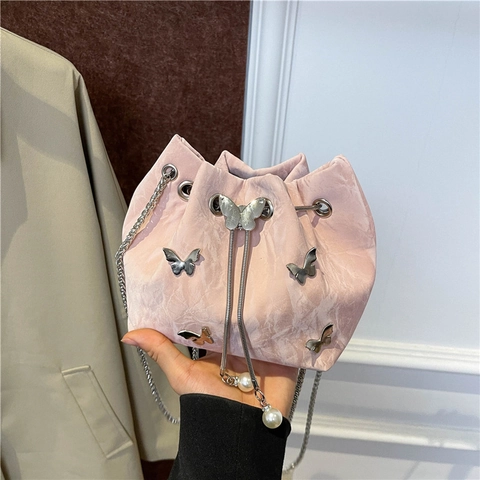 Schmetterling Eimer Tasche Wildleder Kordelzug Umhängetasche Mit Kettengurt Und Künstliche Perlenanhängern Für Damen Chic