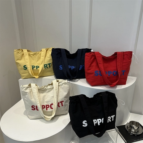 Große Kapazität Canvas Tote Bag Buchstabe Support Druck Kordelzug Lässige Umhängetasche Für Frauen Studenten