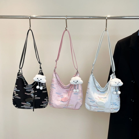 Damen Hobo Umhängetasche Segeltuch Stoff Bunte Wellenstickerei Silberkette Plüsch Wolkenanhänger Große Kapazität Street Trend
