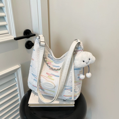 Damen Hobo Umhängetasche Segeltuch Stoff Bunte Wellenstickerei Silberkette Plüsch Wolkenanhänger Große Kapazität Street Trend