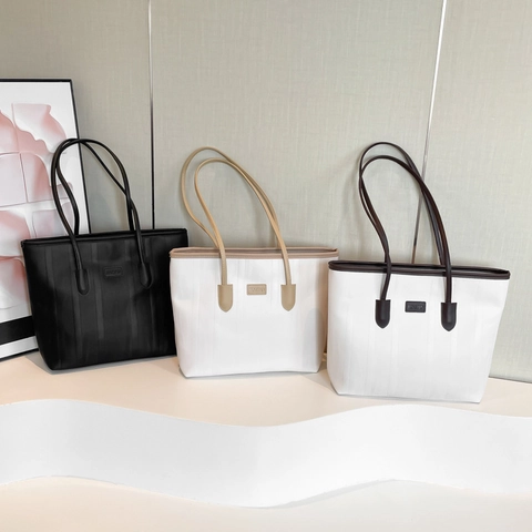 Bolso Tote Mujer Gran Capacidad Cuero PU Rayas Verticales Color De Contraste Bolso De Hombro Estilo Callejero
