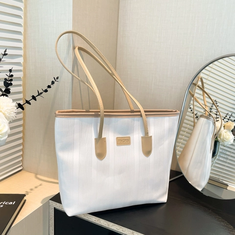 Bolso Tote Mujer Gran Capacidad Cuero PU Rayas Verticales Color De Contraste Bolso De Hombro Estilo Callejero