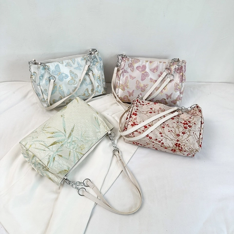 Vintage Chinesische Bestickte Achseltasche Satinnsatin Große Tote Mit Metallkette Und Lederriemen Damen