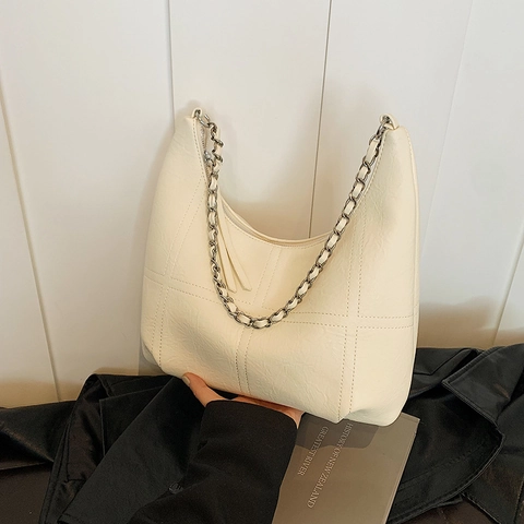 Women Vintage PU Leather Hobo Bag With Chain Strap Quilted Cross Stitching Zipper Shoulder Bag