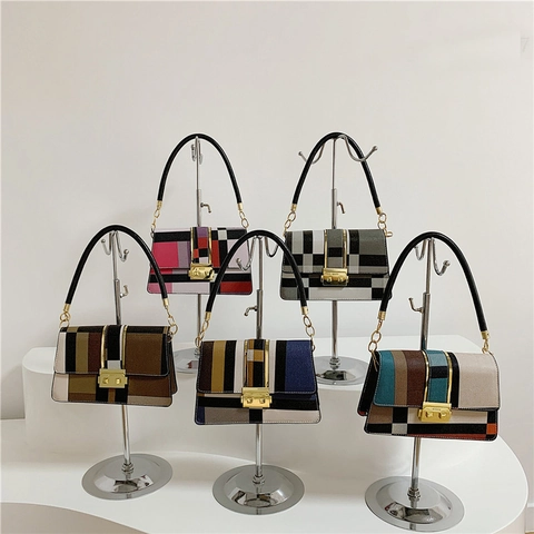 Bolso Bandolera Mujer Bloques De Color Cuero PU Patrón Geométrico Plaid Bolso De Hombro Solapa Moda Con Cierre Metal Dorado