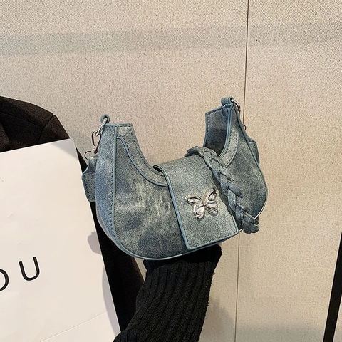 Borsa A Spalla Mezzaluna Pelle Sintetica E Denim Fibbia Farfalla Tracolla Intrecciata Vintage Y2K Borsa Hobo Da Donna