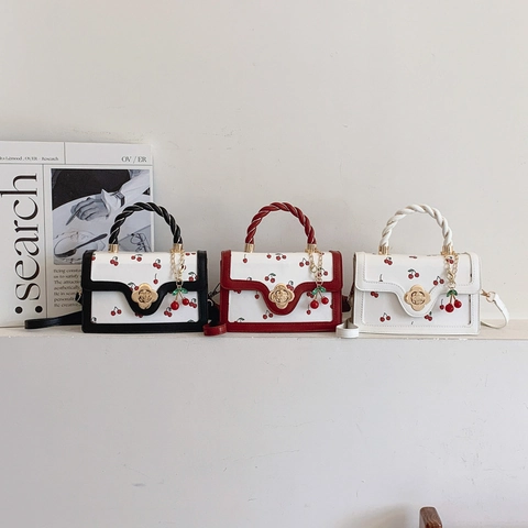 Cherry Print PU Leather Crossbody Handbag With Flower Twist Lock Twisted Handle Sweet Niche Small Square Bag For Women