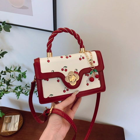 Women Sweet Cherry Print PU Leather Handbag Fashion Flower Lock Crossbody Bag With Braided Handle Sweet Small Square Bag