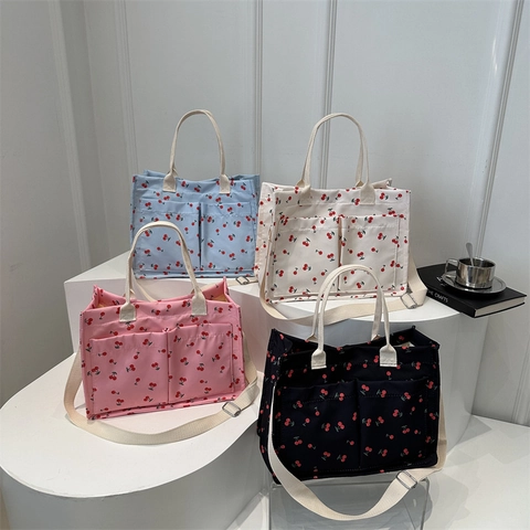 Borsa Tote In Tela Stampa Ciliegia Doppie Tasche Anteriori Tracolla Regolabile Borsa A Mano Retro Donne