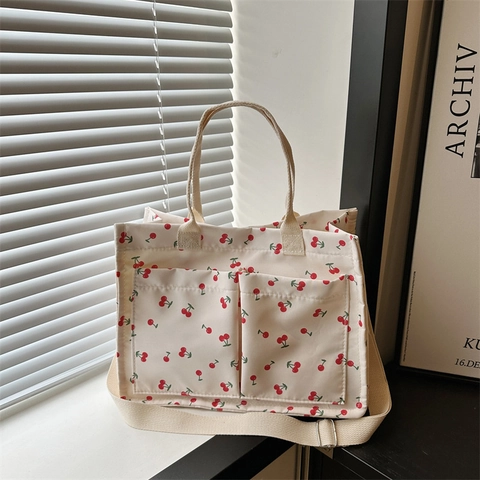 Sac Fourre-Tout en Toile Grande Capacité Avec Imprimé Cerise Sac à Main Style Frais pour Femmes Sac à Bandoulière Multi Poches