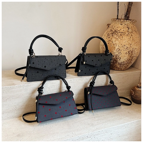 Bolso Bandolera Retro de Tela de Espiguilla para Mujer con Estampado de Lunares Estrella Corazón Bolso Cuadrado con Asa de Nudo