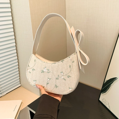Gewebte Hobo Tasche Mit Blumenstickerei Großer Knotenschleifenriemen PU Leder Patchwork Halbmod Tasche Für Damen