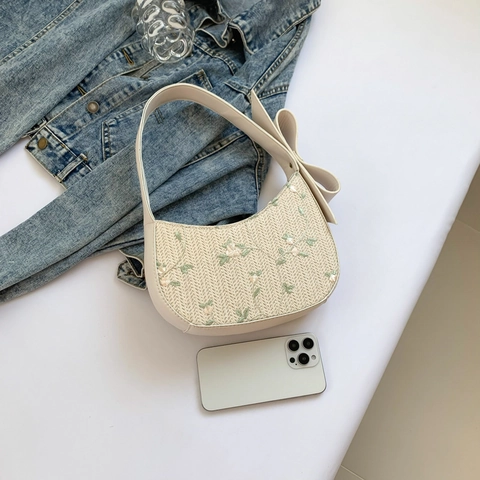 Gewebte Hobo Tasche Mit Blumenstickerei Großer Knotenschleifenriemen PU Leder Patchwork Halbmod Tasche Für Damen