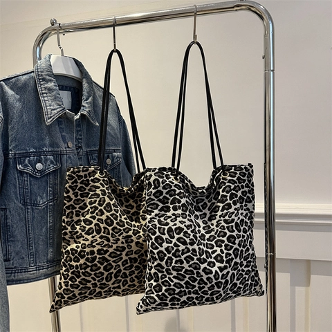 Bolso Tote Con Estampado De Leopardo Gran Capacidad De Lona Bolso De Hombro Moda Retro Para Mujer Diario