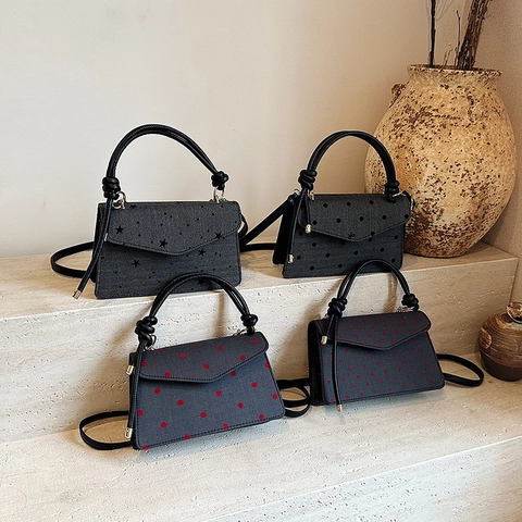 Polka Dot Stern Herz Print Damen Umhängetasche Stoff Kleine Eckige Handtasche Mit Knotengriff Klappverschluss Retro Trend