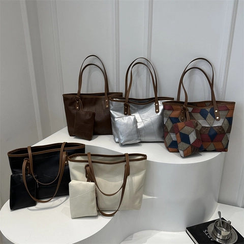 Γυναικεία Τσάντα Tote PU Δέρμα Γεωμετρικό Patchwork Μεγάλη Χωρητικότητα Ρετρό Τσάντα Ώμου Με Μικρό Τσαντάκι