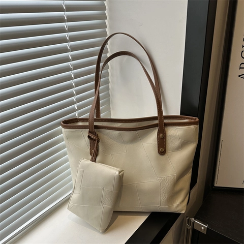 Fashion Patchwork PU Leather Tote Bag And Small Pouch Large Capacity Geometric Stitching Commuter Shoulder Bag For Women